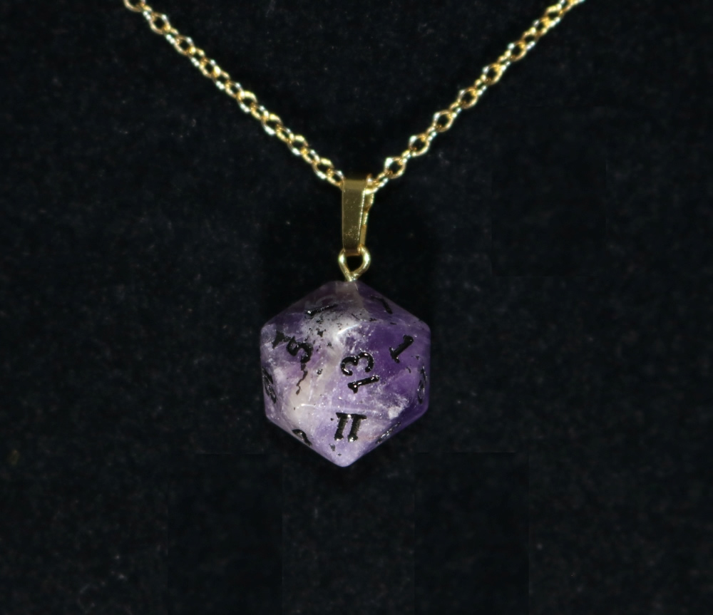 Crystal Caste Amethyst D20 Gold Pendant