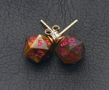 Tiger Eye D20 Earrings with Gold Posts